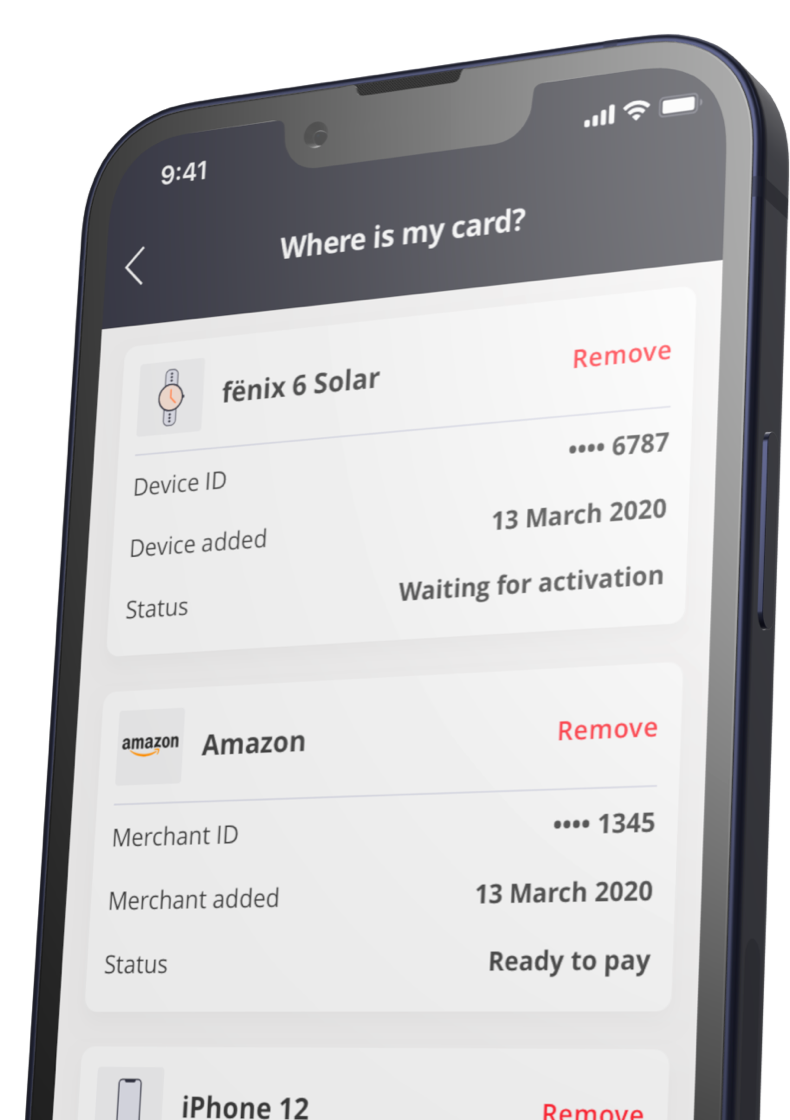 smartphone with screen of Openpay Token Manager to show different merchants added to the card