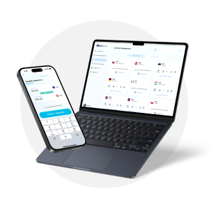 smartphone and laptop illustrating the functionality of Openpay Send where admin can block some countries and enable others